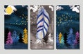 3d frames for wall . Christmas colored tress with clouds , birds , golden moon and Feather . Dark background