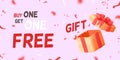 3d free gift. Buy 1 get one giveaway bonus, explode prize box wrap celebrating holiday present open winner reward Royalty Free Stock Photo