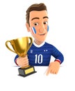 3d french soccer fan with trophy cup pointing to empty wall