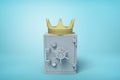 3d front close-up rendering of closed grey metal safe with golden crown on top on light-blue background.