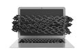 3d front rendering of open laptop with chains bound around its black screen isolated on blue background.