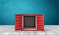 3d front rendering of an open miniature red shipping container standing on wooden table near blue school board.