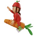 3D Fruit Girl Cartoon riding a carrot rocket