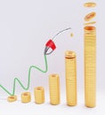 3D of Fuel dispenser on golden dollar coins stack graph concept.   fuel nozzle as graph of rising oil prices Crude Oil Growth from Royalty Free Stock Photo