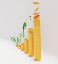 3D of Fuel dispenser on golden dollar coins stack graph concept.   fuel nozzle as graph of rising oil prices Crude Oil Growth from Royalty Free Stock Photo