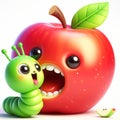 3D funny apple cartoon with a green caterpillar. Fun characters for children\'s illustrations. AI generated Royalty Free Stock Photo