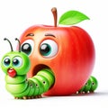 3D funny apple cartoon with a green caterpillar. Fun characters for children\'s illustrations. AI generated Royalty Free Stock Photo