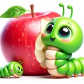 3D funny apple cartoon with a green caterpillar. Fun characters for children\'s illustrations. AI generated Royalty Free Stock Photo