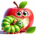 3D funny apple cartoon with a green caterpillar. Fun characters for children\'s illustrations. AI generated Royalty Free Stock Photo