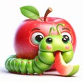 3D funny apple cartoon with a green caterpillar. Fun characters for children\'s illustrations. AI generated Royalty Free Stock Photo