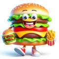 3D funny burger cartoon. Traditional fast food. AI generated