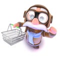 3d Funny cartoon airline pilot character holding a shopping basket