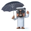 3d Funny cartoon Arab sheik character standing under an umbrella