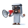 3d Funny cartoon Arab sheik character using a megaphone