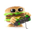 3d Funny cartoon beef burger playing a video game