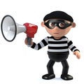 3d Funny cartoon burglar thief character holding a loud hailer megaphone