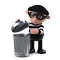 3d Funny cartoon burglar thief character looking in the trash