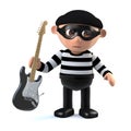 3d Funny cartoon burglar thief character stealing an electric guitar