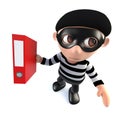 3d Funny cartoon burglar thief character stealing a folder full of data