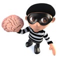 3d Funny cartoon burglar thief holding a human brain