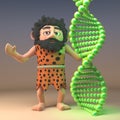 3d funny cartoon caveman character ponders evolution while looking at a strand of genetic dna, 3d illustration