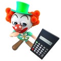 3d Funny cartoon clown character holding a digital calculator