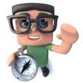 3d Funny cartoon computer nerd character holding a navigational compass