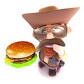 3d Funny cartoon cowboy holding a cheese burger Royalty Free Stock Photo