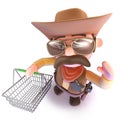 3d Funny cartoon cowboy sheriff carrying a shopping basket Royalty Free Stock Photo