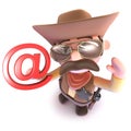 3d Funny cartoon cowboy sheriff character holding an email address symbol Royalty Free Stock Photo