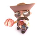 3d Funny cartoon cowboy sheriff character holding a human brain Royalty Free Stock Photo