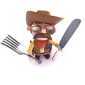 3d Funny cartoon cowboy sheriff holding a knife and fork