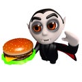 3d Funny cartoon dracula vampire character eating a cheese burger