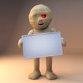 3d funny cartoon Egyptian mummy Halloween monster holding a blank sign, 3d illustration