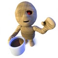 3d Funny cartoon Egyptian mummy monster character drinking coffee from a mug