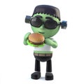 3d Funny cartoon Frankenstein monster character eats a burger