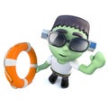 3d Funny cartoon frankenstein monster character holding a life ring