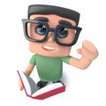 3d Funny cartoon geek nerd hacker character reading a book
