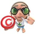 3d Funny cartoon hippy stoner character holding a copyright symbol