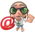 3d Funny cartoon hippy stoner character holding an email address symbol