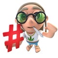 3d Funny cartoon hippy stoner character holding a hash tag symbol