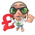 3d Funny cartoon hippy stoner character holding a UK Pounds currency symbol