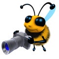 3d Funny cartoon honey bee character holding a camera