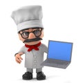 3d Funny cartoon Italian pizza chef character holding his laptop Royalty Free Stock Photo