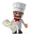 3d Funny cartoon Italian pizza chef character reading a map Royalty Free Stock Photo