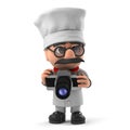 3d Funny cartoon Italian pizza chef character takes a photo with camera