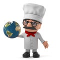 3d Funny cartoon Italian pizza chef holding a globe of the Earth Royalty Free Stock Photo