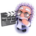 3d Funny cartoon judge character holding a movie makers clapperboard