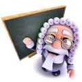 3d Funny cartoon judge character standing in front of a blackboard