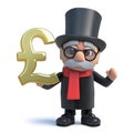 3d Funny cartoon lord character in top hat holding a gold UK Pound currency symbol